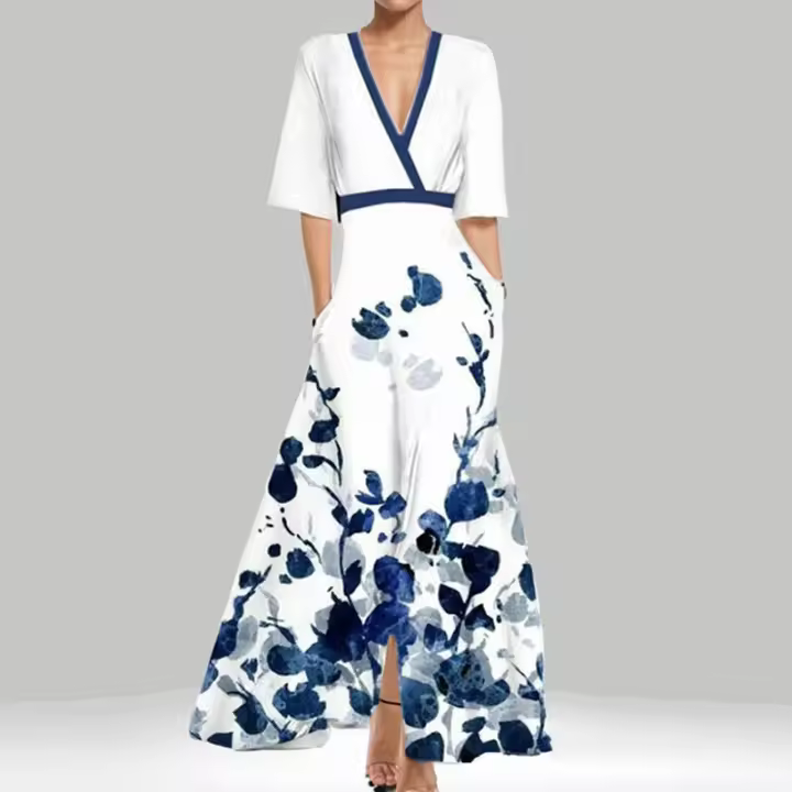Vestido de manga larga con cuello en V, estampado, entallado y elegante para mujer, primavera 2025 - 1