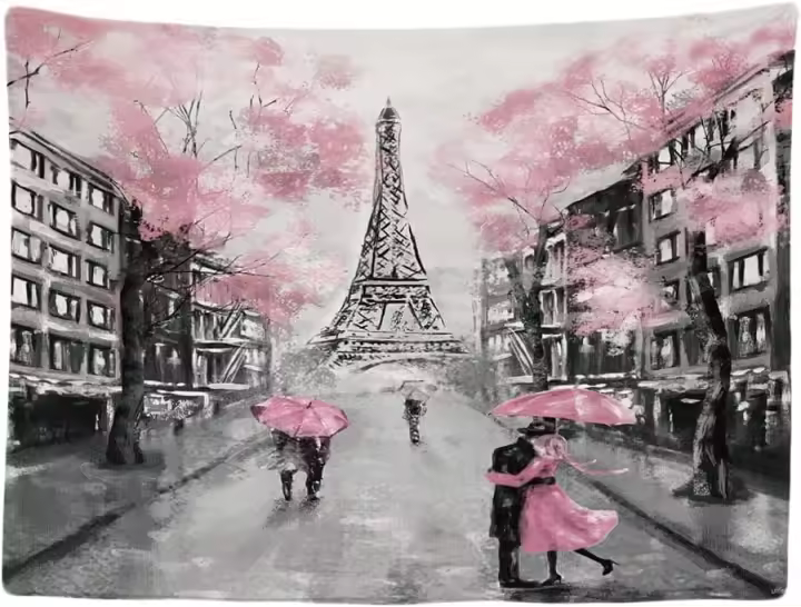 Decoración del Hogar Tapiz Mural Flor Rosa Torre Eiffel Alfombra Tapiz Pared para Dormitorio Sala de Estar Blanco y Negro - 1