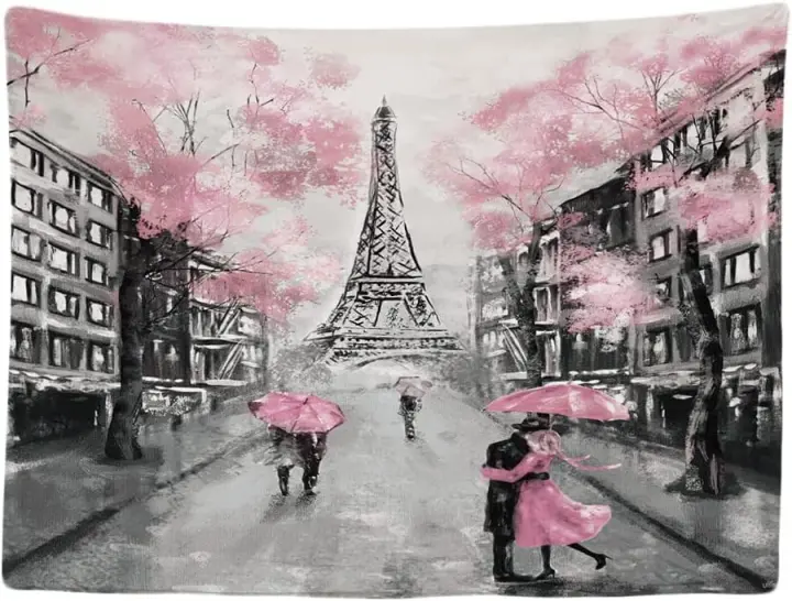 Decoración del Hogar Tapiz Mural Flor Rosa Torre Eiffel Alfombra Tapiz Pared para Dormitorio Sala de Estar Blanco y Negro - 1