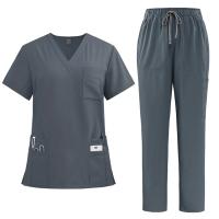 Uniforme de enfermera de color sólido para mujer, traje de pantalones de manga corta con cuello en V de tela de secado rápido, uniforme de enfermería con múltiples bolsillos - details 6