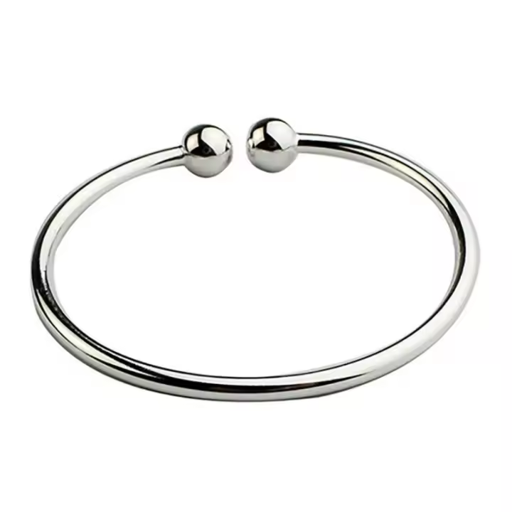 Pulsera de mano abierta de acero inoxidable para mujer, brazalete sencillo de cuentas, plateado, - 1