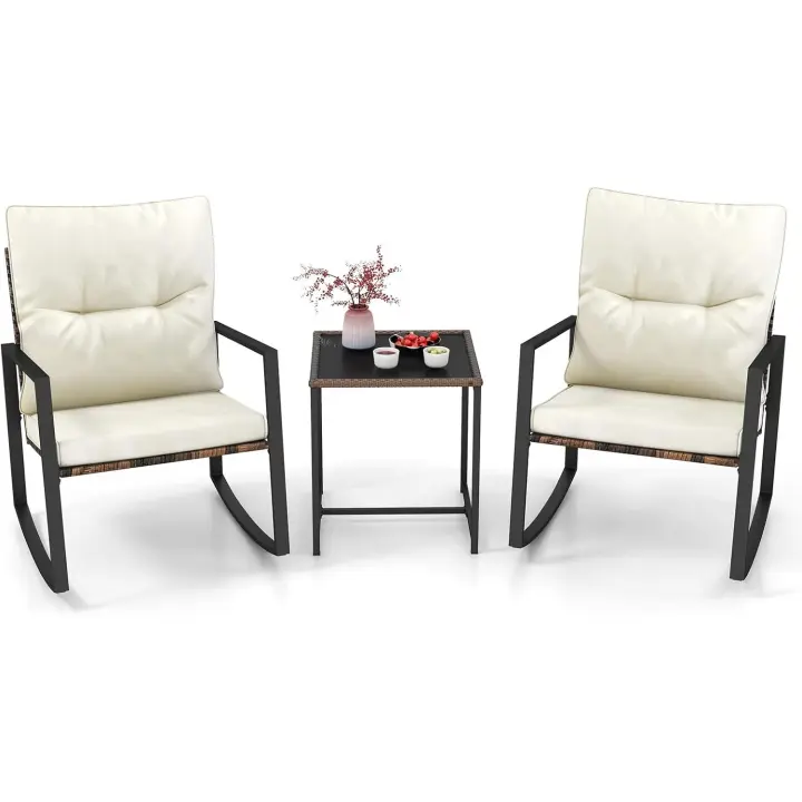 Conjunto Jardin Exterior de Mimbre 3 Piezas, 2 Sillas Mecedoras, 1 Mesa de Centro de Vidrio Templado, Cojines, Conjunto Mesa y Sillas Jardin, Muebles Jardin Exterior Terraza Balcon - 1