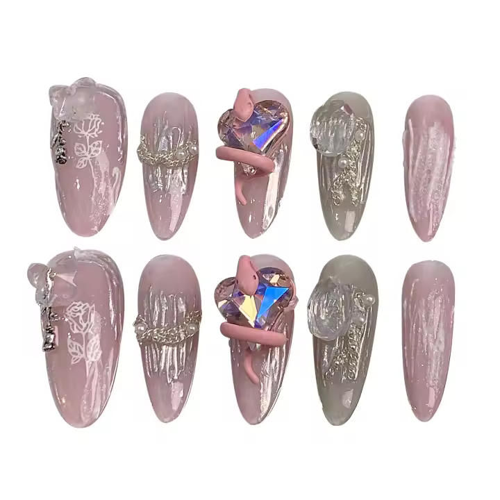 Uñas Falsas Hechas a Mano con Diamantes de Imitación Fácil de Aplicar, Fácil de Quitar - 1
