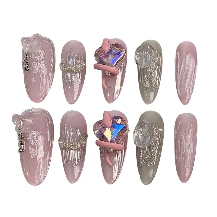 Uñas Falsas Hechas a Mano con Diamantes de Imitación Fácil de Aplicar, Fácil de Quitar - 1