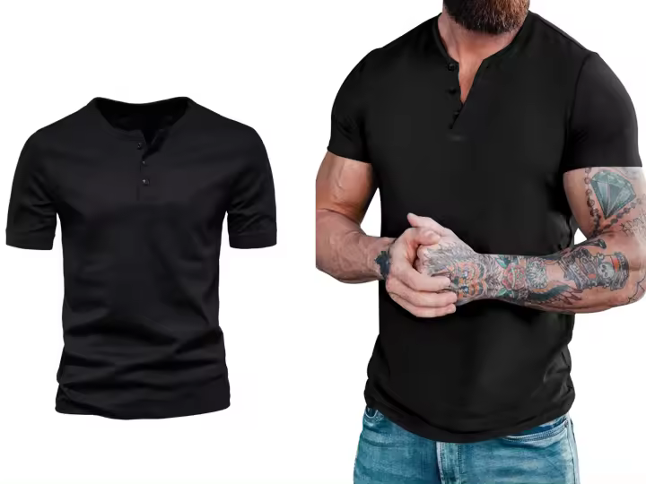 Camiseta de manga corta Henley para hombre, ropa informal de algodón, color negro y M-6XL, paquete de 2 - 1