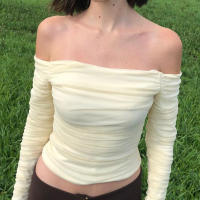 Mujer sexy fuera del hombro malla delgada manga trompeta manga larga crop top camiseta mujer - details 0