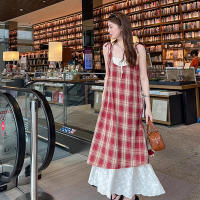 Vestido largo holgado Retro de verano para mujer, vestido con tirantes de dos piezas falso a cuadros para mujer - details 4