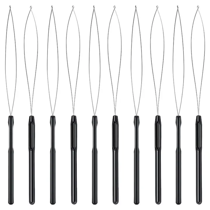 Enhebrador de bucle de extensión de cabello, Herramienta de gancho y herramienta de cuentas, enhebrador de bucle negro para extensión de cabello o extensor de plumas, 10 piezas - 1