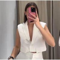 OUWU-Nueva llegada de pantalones largos blancos Wo, chaqueta corta sin mangas con solapa, Tops, pantalones de pierna ancha, conjuntos de 2 piezas, tres elegantes - details 9