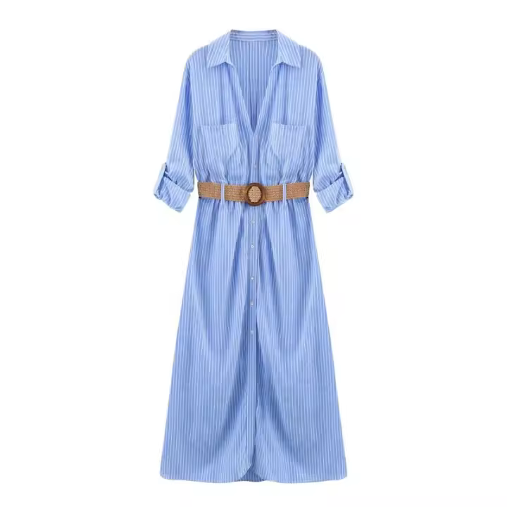 BUNO-2025vestido con decoración de bolsillo, cuello en V, a rayas, para ir al trabajo, básico, suelto, temperamento, ropa de verano para mujer - 1