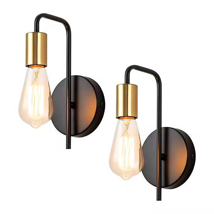 2PCS Lámparas de Pared de Hierro Dorado y Negro GOECO, E27 Sin Bombilla, Para Pasillo, Dormitorio, Sala de Estar, 25x15x10cm - 1