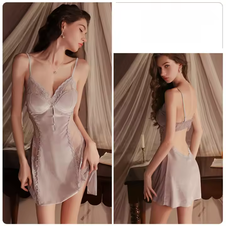 Empalme de encaje de terciopelo más almohadilla para el pecho sexy sin espalda malla con tirantes camisón bata conjunto para el hogar - 1