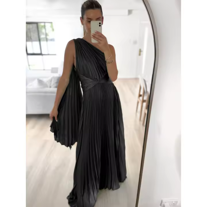 Vestido largo de fiesta suelto para mujer, informal, plisado, con hombros descubiertos - 1
