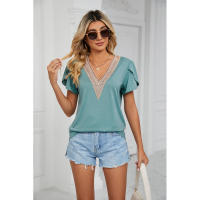 BUNO-2025 Camiseta holgada de manga corta con cuello en V para mujer, Top informal de encaje de Color puro, camiseta holgada cómoda y transpirable para verano - details 49