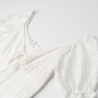 OUWU- Estilo Europeo Nueva Moda Mujer Todo Blanco Fósforo Hueco Bordado Cuello Cuadrado Corbata Pastel Falda Vestido De Manga Abombada - details 3