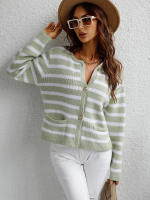 Cárdigan de punto a rayas para mujer, chaqueta Vintage con bolsillos, color rosa, otoño e invierno, 2023 - details 15