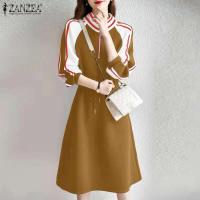 ZANZEA-vestido deportivo de primavera para mujer, vestido informal a la moda de manga larga con rayas en contraste, vestido Midi con cuello levantado y cordón en la cintura - details 2