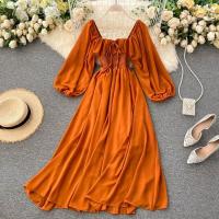 Nuevo modelo de vestido maxi elegante con cuello cuadrado para mujer, gasa lisa con mangas abullonadas, bata de fiesta en la playa, vestidos con volantes vintage - details 11