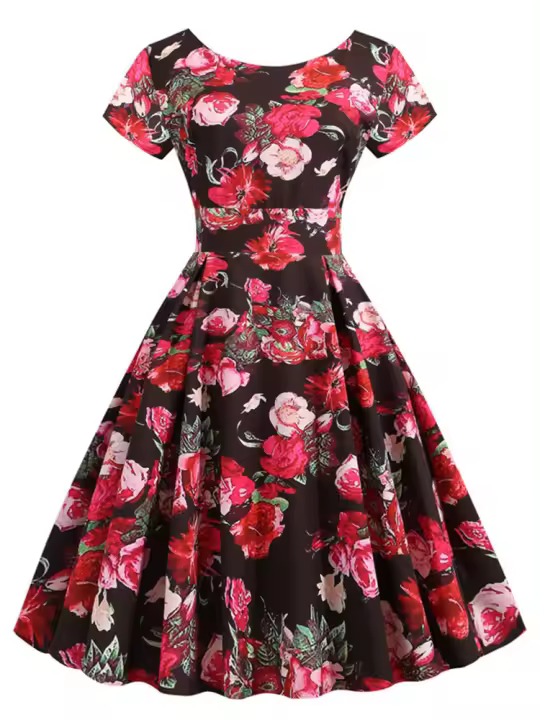 Vestido vintage de manga corta ajustado para mujer, elegante, con estampado floral, corte en A, para fiesta, verano - 1