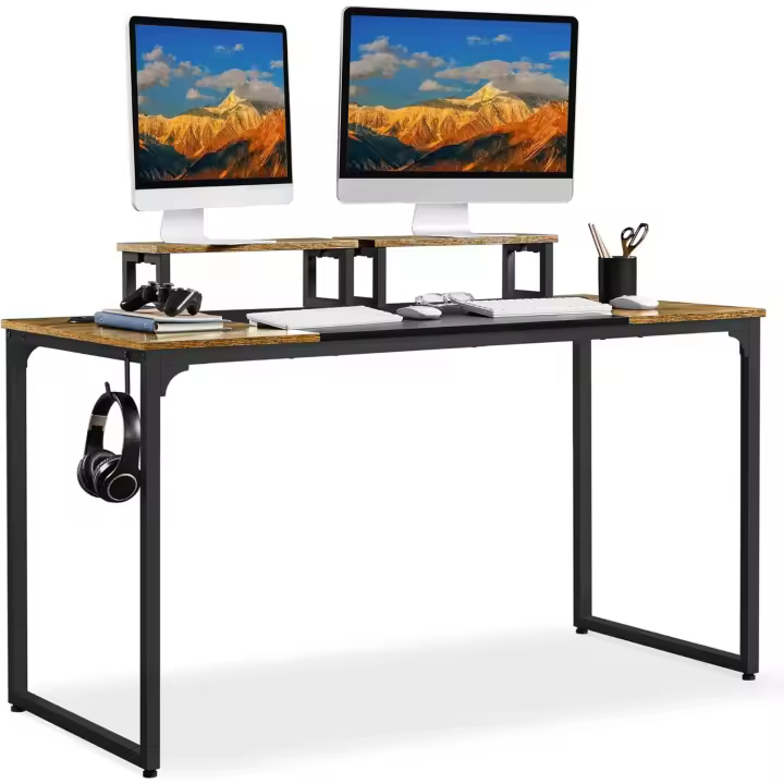 Mesa Escritorio con Soporte Monitor Mesa de Ordenador de Estilo Industrial Mesa Oficina Estudio con 2 Ojales para Cables/Gancho Marrón Rústico 140x60x89cm - 1