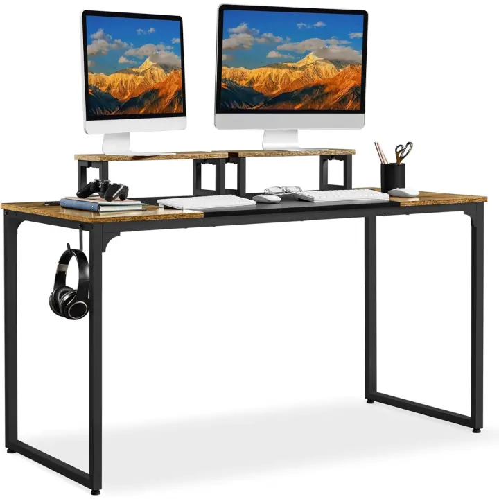 Mesa de Escritorio Industrial Rústica Soporte Monitor 2 Ojales para Cables/Gancho Marrón - 1