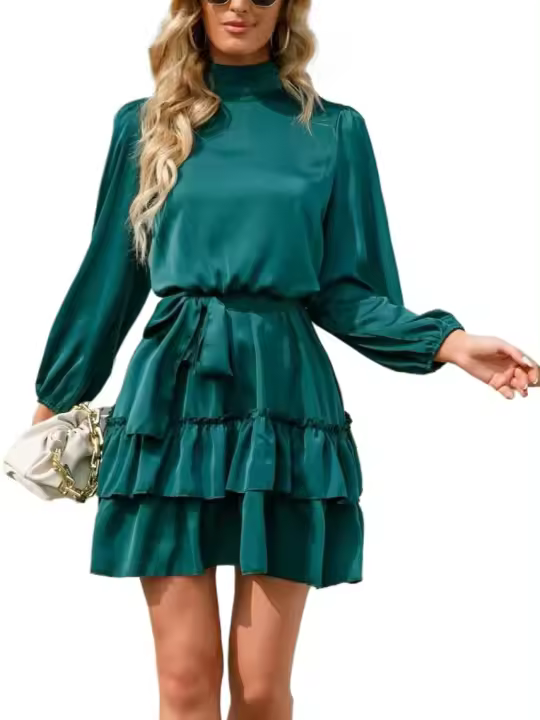 Vestido Satén con Cinturón Rojo Volantes Manga Larga, Elegante y Sensual para Mujer - 1