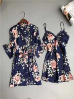 Ropa de seda satinada para mujer, bata Ence Home, alfombrilla para el pecho, pijama, rosa, blanco, 3 piezas - details 16