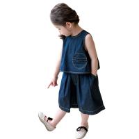 Conjunto de chaleco de mezclilla de verano para niños, nuevo conjunto de dos piezas de color sólido suelto y delgado informal para niña pequeña, ropa para niños - details 1
