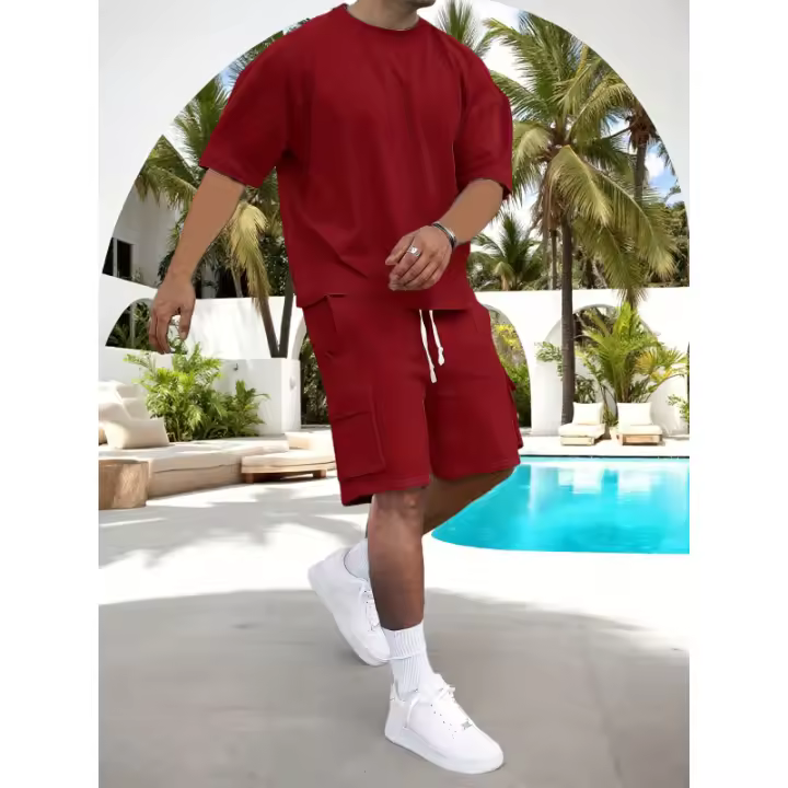 Conjunto Deportivo Casual para Hombres Camiseta de Poliéster con Estilo de Pelua y Shorts con Cinturón Perfecto para el Verano, Lavable en Máquina - 1