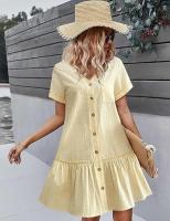 Vestido largo de algodón y lino para mujer, vestido de verano informal vintage con botones y cuello en V de manga corta suelta - details 3