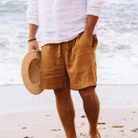 Verano Hombres Color Sólido Cinco Puntos Casual Pantalones Cortos Cordón Transpirable Pantalones de Playa Algodón Lino Pantalones Cortos Deportivos - details 2