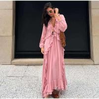 Vestido largo Irregular de gasa con volantes y escote en V profundo para mujer, Vestido holgado liso con mangas abullonadas elegantes, Vestido de calle alta para mujer 2025 - details 3