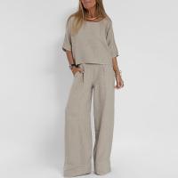Conjunto de playa con pantalones de bolsillo informales y a la moda, Top de manga corta de primavera y verano, dos piezas de Color sólido de algodón y lino para mujer - details 2