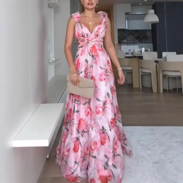 Vestido Largo de Fiesta Étnico con Volantes - Tul Floral Estampado Tropical, Tirantes Finos Ajustables - Elegante Vestido de Noche para Bodas, Fiestas de Verano 2025 - 1