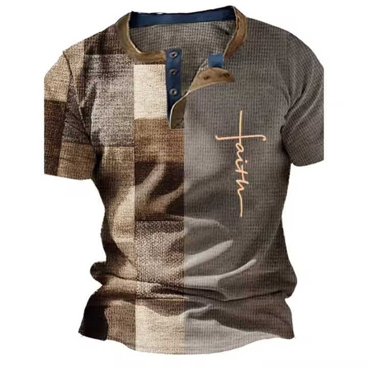 Camisa Vintage de verano para hombre, camiseta informal de manga corta con estampado de cruces y botones con cuello en V, camiseta de retales de gran tamaño para hombre, Tops a cuadros, ropa de calle - 1