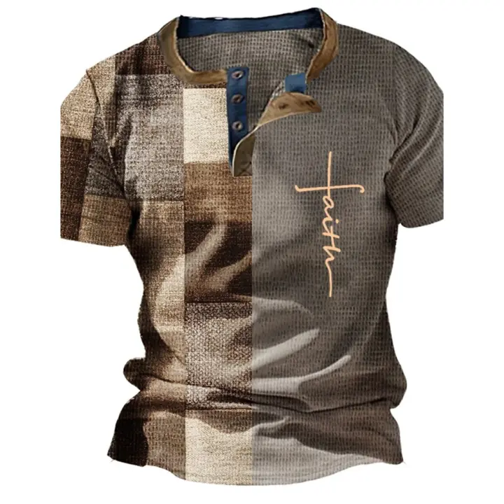 Camisa Vintage de verano para hombre, camiseta informal de manga corta con estampado de cruces y botones con cuello en V, camiseta de retales de gran tamaño para hombre, Tops a cuadros, ropa de calle - 1