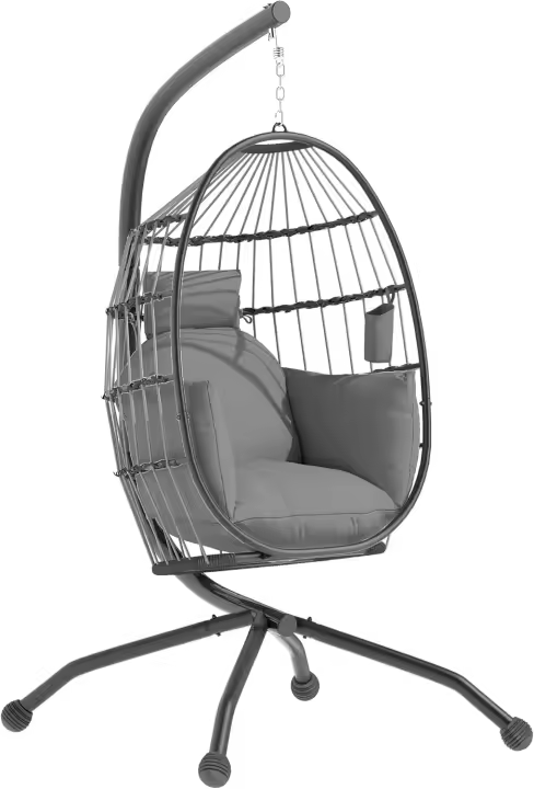 Silla Colgante Huevo con Soporte Columpio Jardín Exterior con Cesta Plegable Cojín y Reposacabezas Columpio Colgante para Interior y Exterior Carga 120 kg Negro - 1