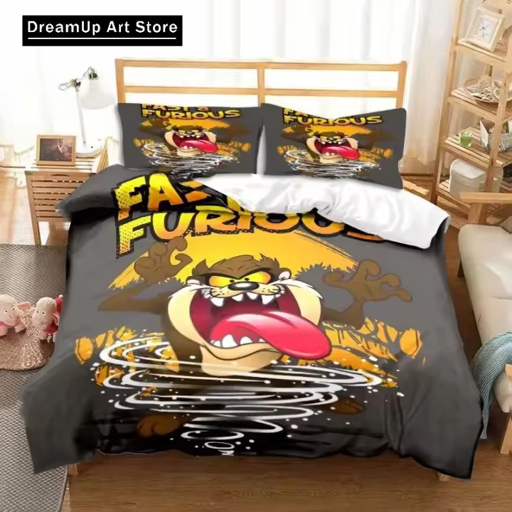 Conjunto de Cama de Moda 3D de Dibujos Animados de Tasmaniano Devil Funda de Edredón de Doble Cama con Funda de Almohada para Niños, Niñas, Adultos Dormitorio - 1