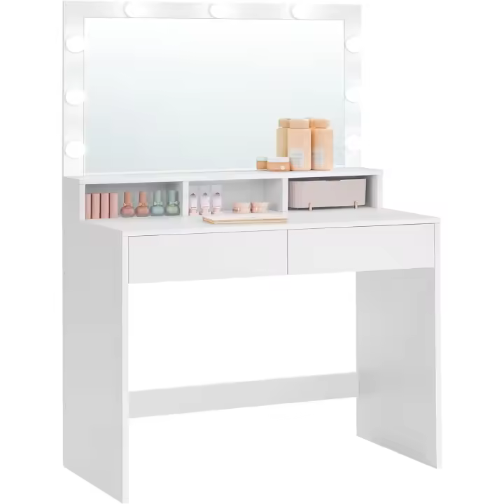 VASAGLE Tocador, Mesa de Maquillaje con Espejo y Luces LED con Brillo Ajustable, 2 Cajones y 3 Compartimentos, Moderno, Blanco Nube RDT120T10 - 1