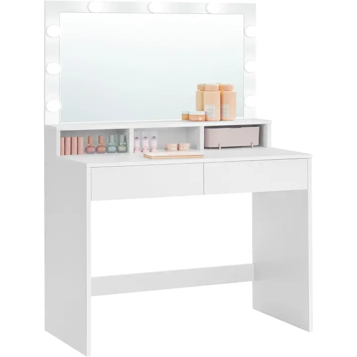 VASAGLE Tocador, Mesa de Maquillaje con Espejo y Luces LED con Brillo Ajustable, 2 Cajones y 3 Compartimentos, Moderno, Blanco Nube RDT120T10 - 1