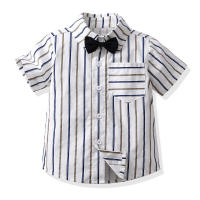 Camisa de algodón de manga corta con cuello a rayas y pajarita para niños, pantalones cortos con tirantes, conjunto de dos piezas de estilo británico, verano 2023 - details 7