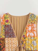 Ropa de otoño de 2024, mujer floral rosa, estampado de anacardo superior, chaleco vintage abotonado, chaleco acolchado para mujer con lazo frontal - details 9