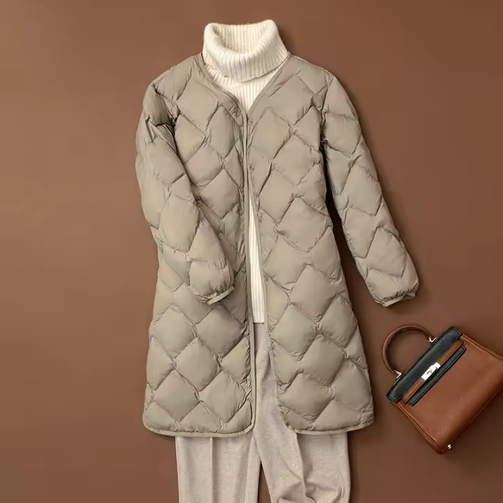 Chaqueta larga ultraligera de plumón de pato para mujer, abrigo cálido con diamantes, cuello redondo - 1