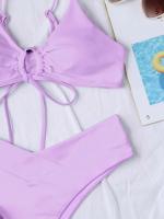 Nuevo conjunto de bikini de alta elasticidad verano 2025, sexy de dos piezas con cordones de color sólido para mujer, traje de baño de playa - details 23