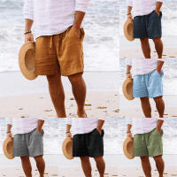 Verano Hombres Color Sólido Cinco Puntos Casual Pantalones Cortos Cordón Transpirable Pantalones de Playa Algodón Lino Pantalones Cortos Deportivos - details 1