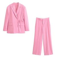 TRAFZA-Conjunto de 2 piezas rosa para mujer, chaqueta con solapa, manga larga, bolsillo, con cordones, Top + pantalones de pierna ancha con cremallera de cintura alta - details 2