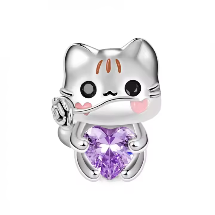 Colgante de Pulsera de Plata Esterlina 925 Dulce Gatito Joyería de Piedras Preciosas - 1