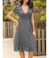 Summer floral print women boho short sleeve v neck split elegant a line party beach dress - details 21