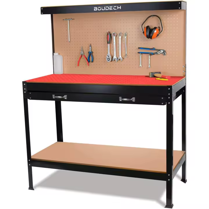 de Trabajo de Metal con cajones de Pared y de Taller 120x60cm + 2 cajones y 2 estantes para Herramientas - 1