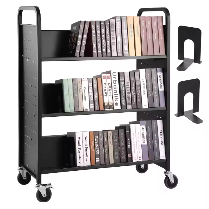 Carrito de libros de SucceBuy. Capacidad de 330 libras. 39.4"x 20.1" x 49.2". Rodante con ruedas bloqueables. Estantes en forma de W de doble cara. Para el hogar, la oficina, la escuela. Camión Libro Negro. - 1